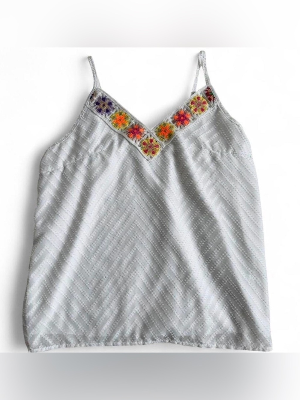 Embroidered Granny Square Swiss Dot Spaghetti Strap Tank Size L Boho Festival